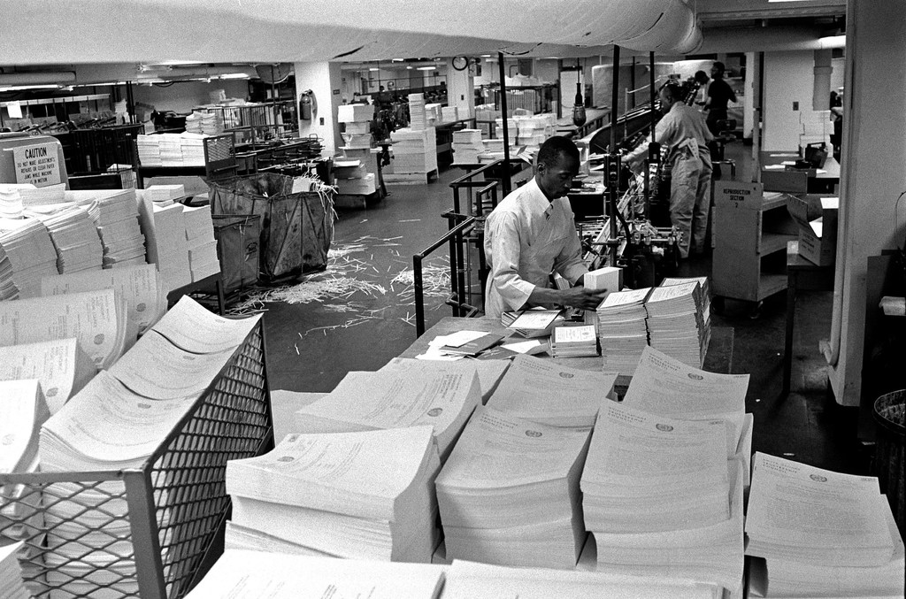 Thousands of pages of documents used to be printed every day at the UN as pictured in June 1969.